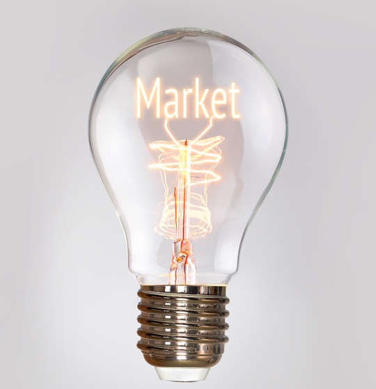 Lightbulb with the word market inside